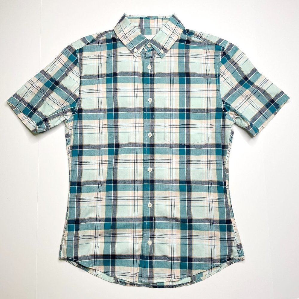 Short Sleeve Blue Turquoise Plaid Button Down